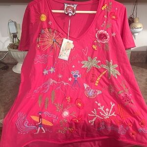 Johnny Was Vivid Pink Embroidered Tee California Dreaming tee
